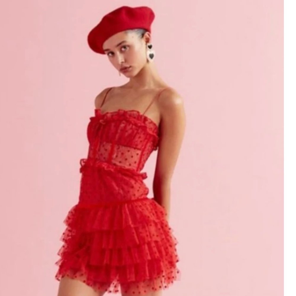 For Love & Lemons Red Tiered Ruffle Mesh Mini Dress